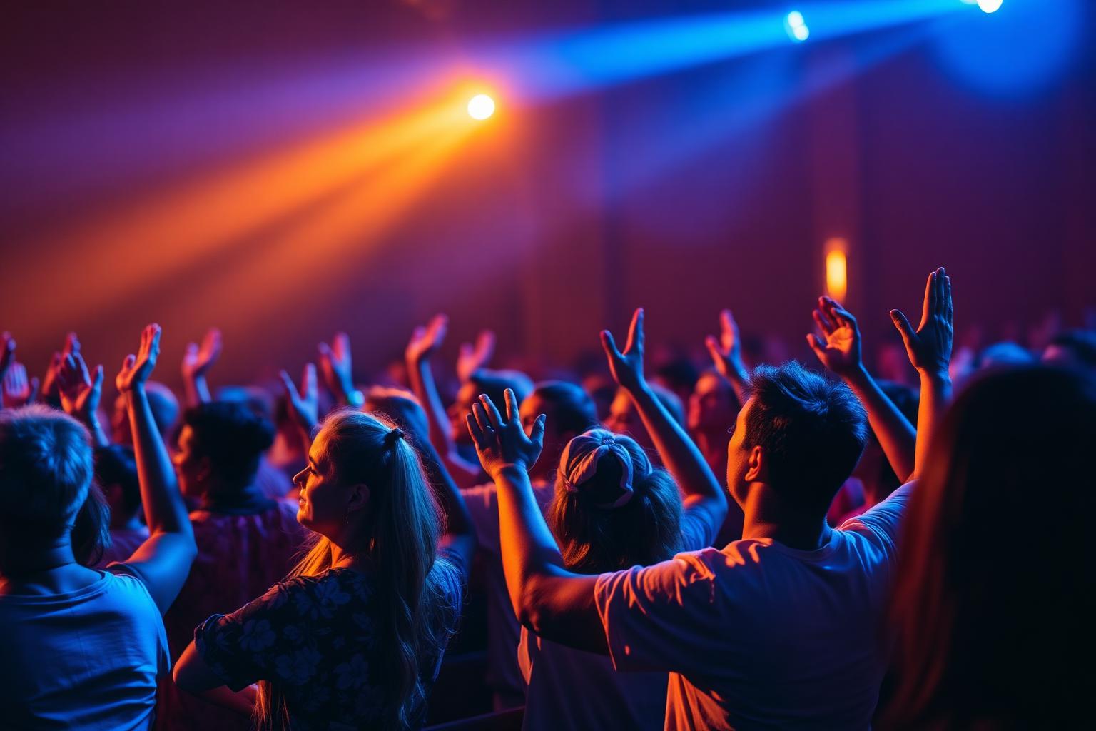 Congregation worshipping with raised hands